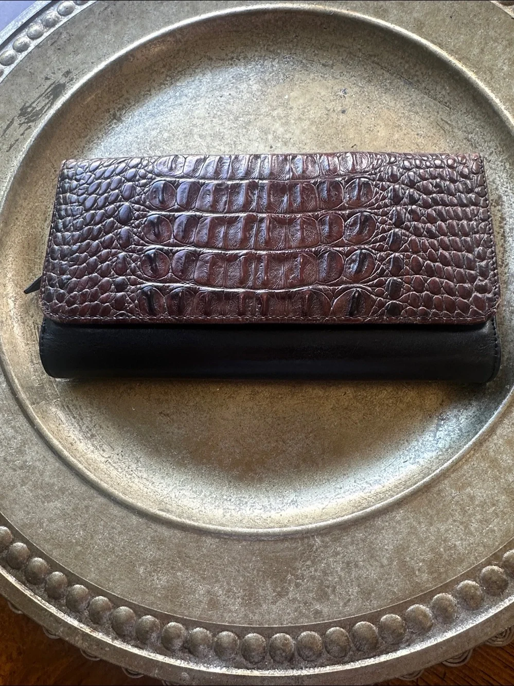 Brahmin Brown Croc-Embossed Leather Card & Key Holder with Black Interior